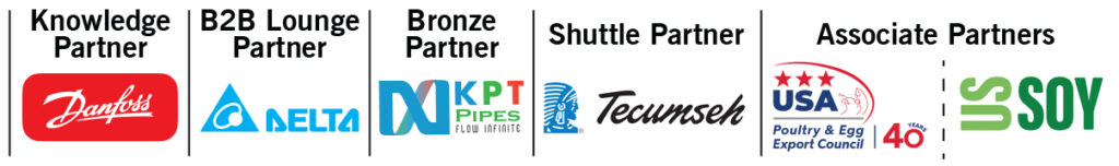 Knowledge Partner Danfoss, B2B Lounge Partner Delta, Bronze Partner KPT Pipes, Shuttle Partner Tecumseh, Associate Partners USAPEEC and US Soy logos